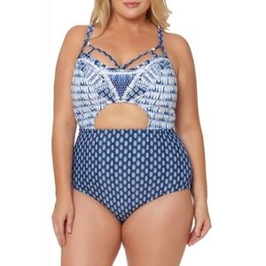 Jessica Simpson blue & white cutout BATHING suit one piece plus size‎ 3X new!!!
